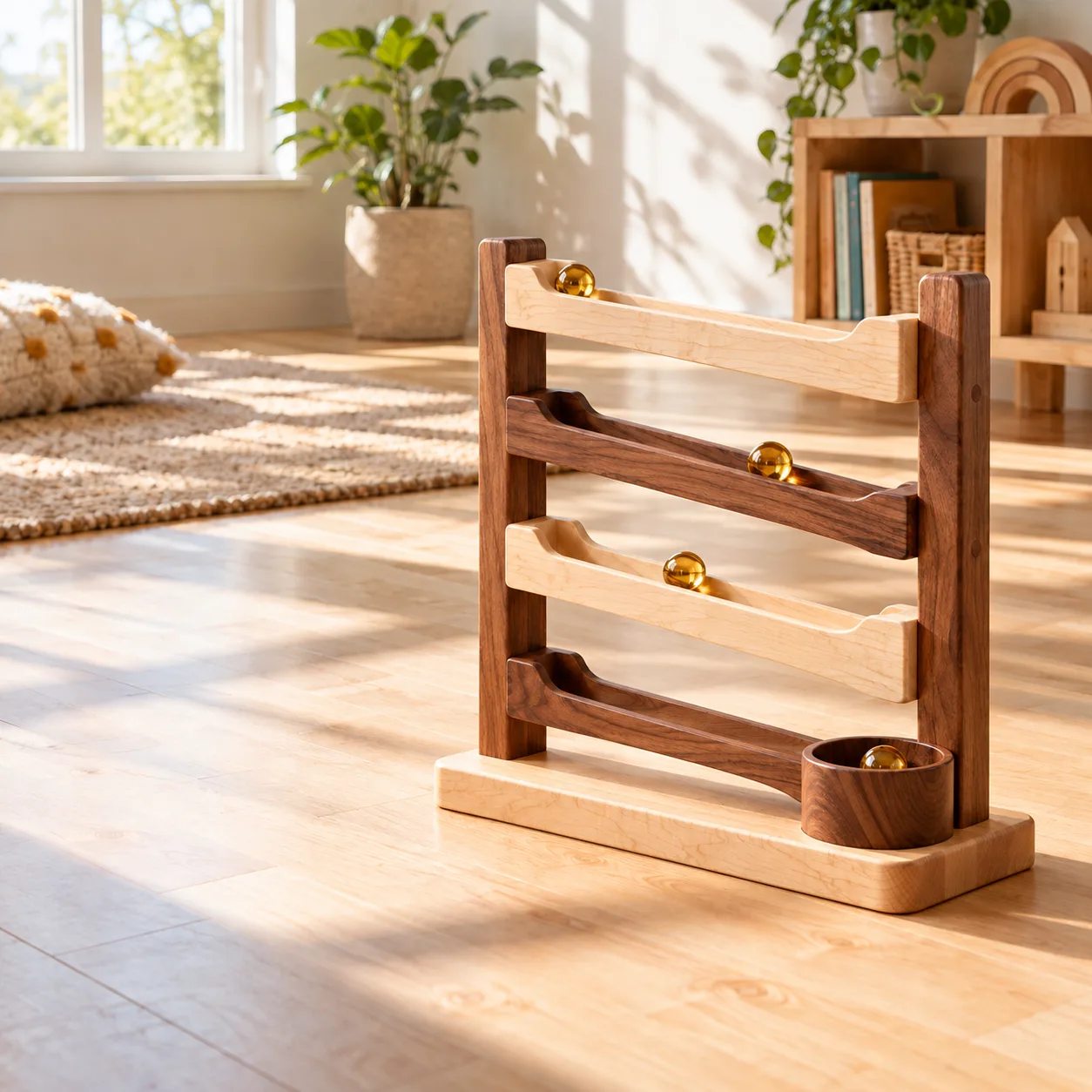 A maple marble run in soft morning light