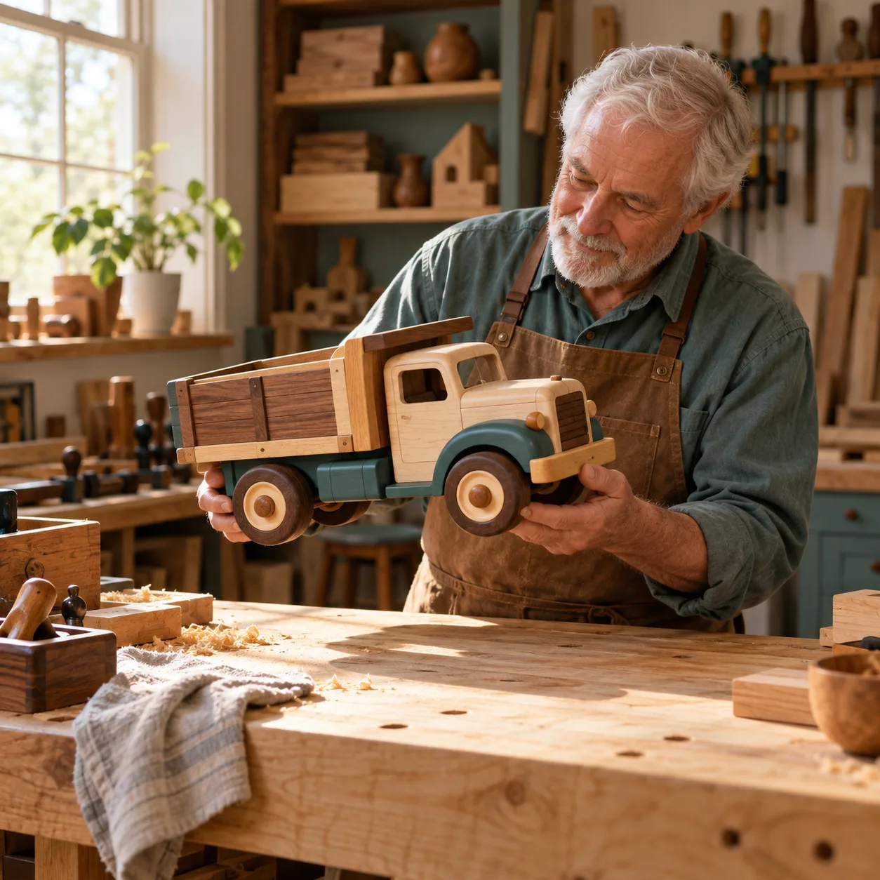 Ellis inspecting a toy truck at his workbench