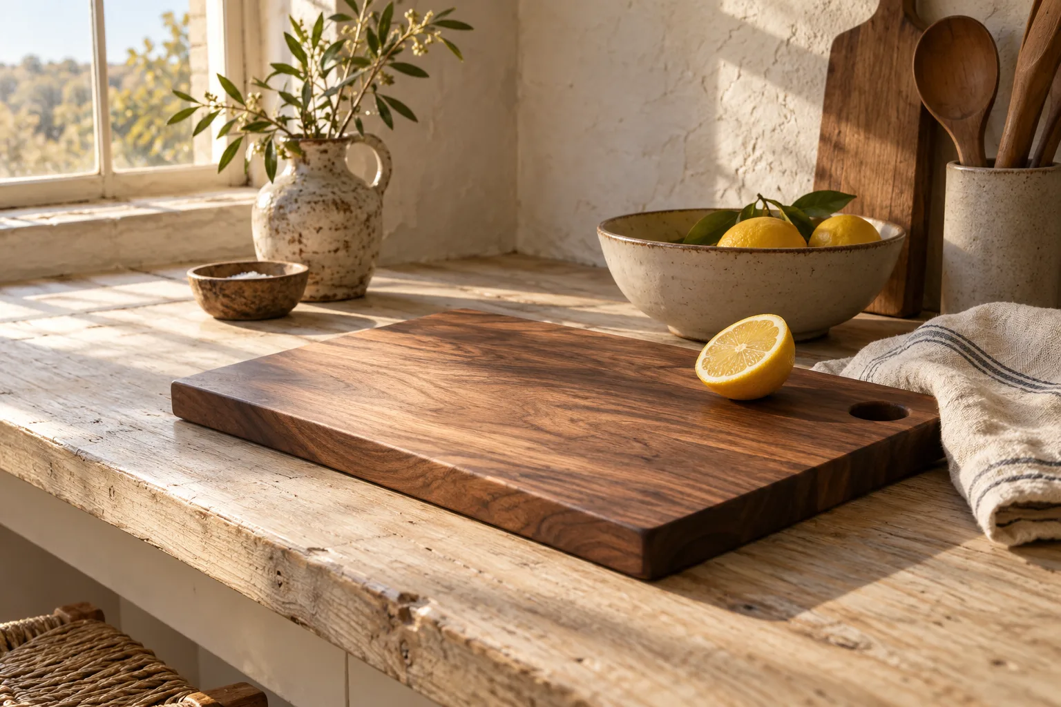 A cutting board in a kitchen