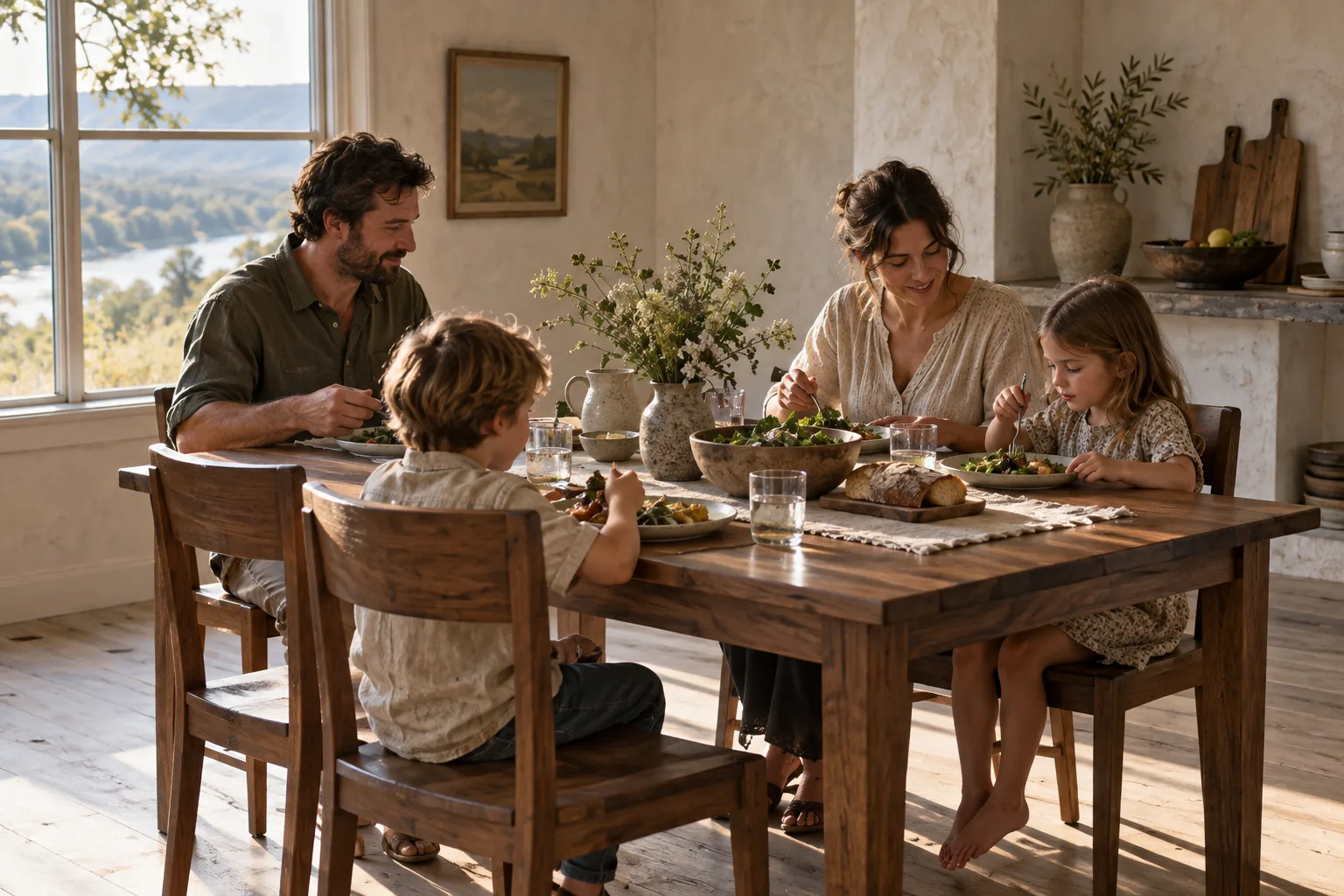 Family dinner at a walnut table