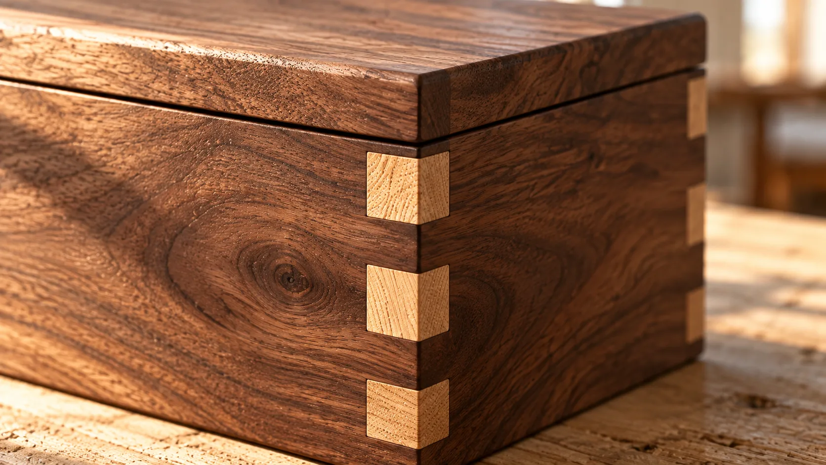 A hand-cut dovetail joint in walnut and white oak