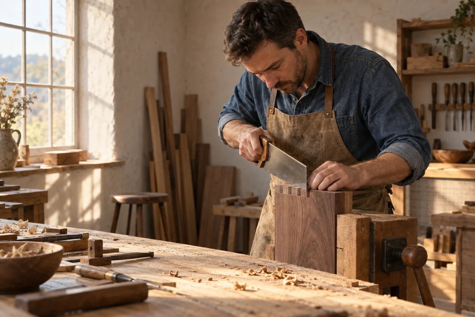 Sam cutting a dovetail by hand