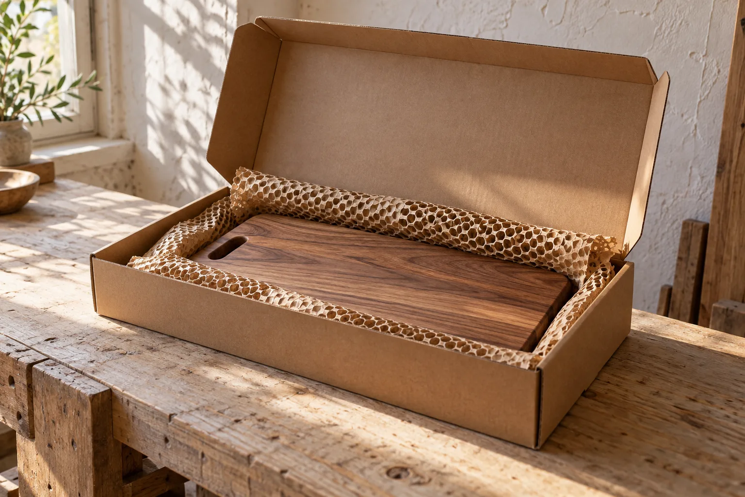A cutting board carefully packed in kraft paper