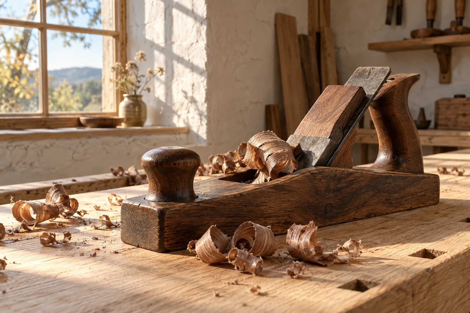A hand plane with curled shavings