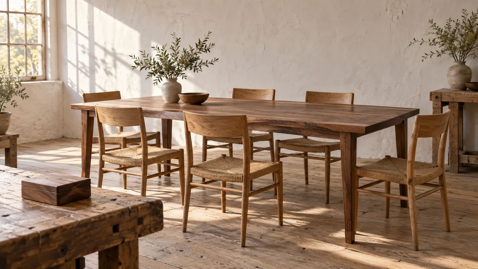 The Stillwater dining table behind the workshop bench