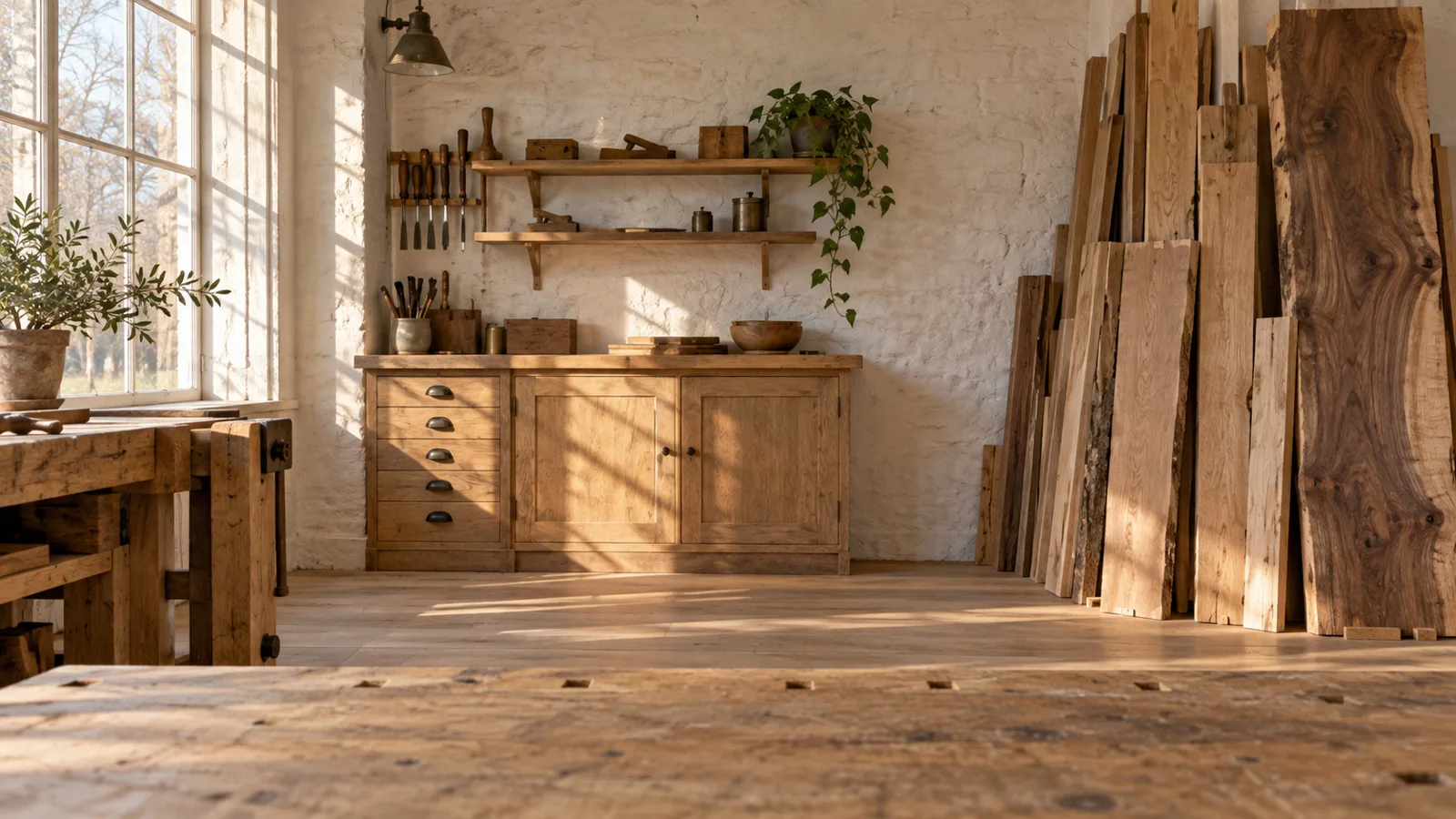 Boards resting by the workshop window