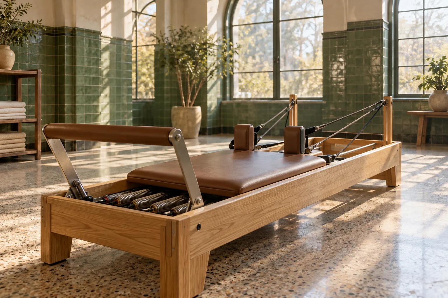 An oak reformer from the footbar end.