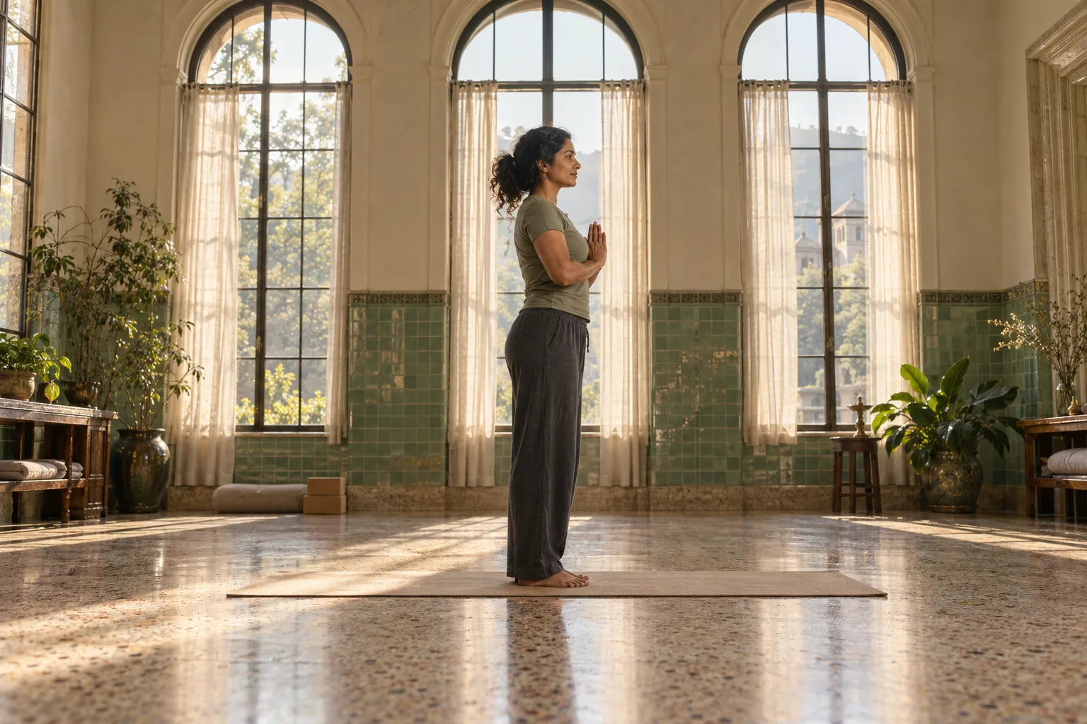 Meera demonstrating stand tall in the same studio.