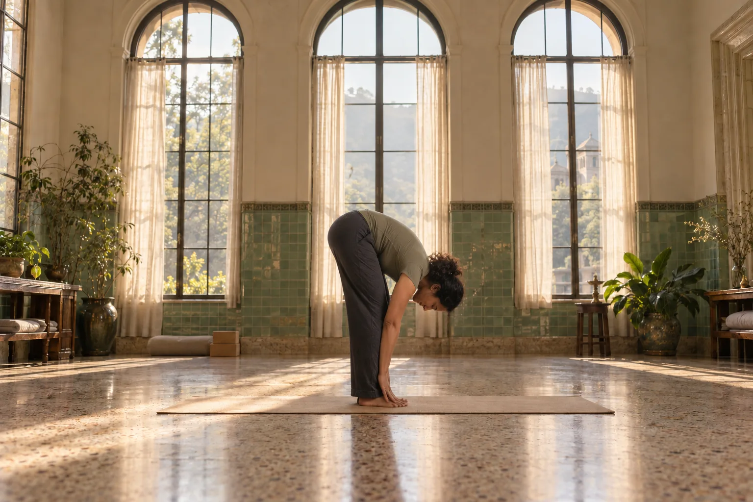 Meera demonstrating fold forward in the same studio.