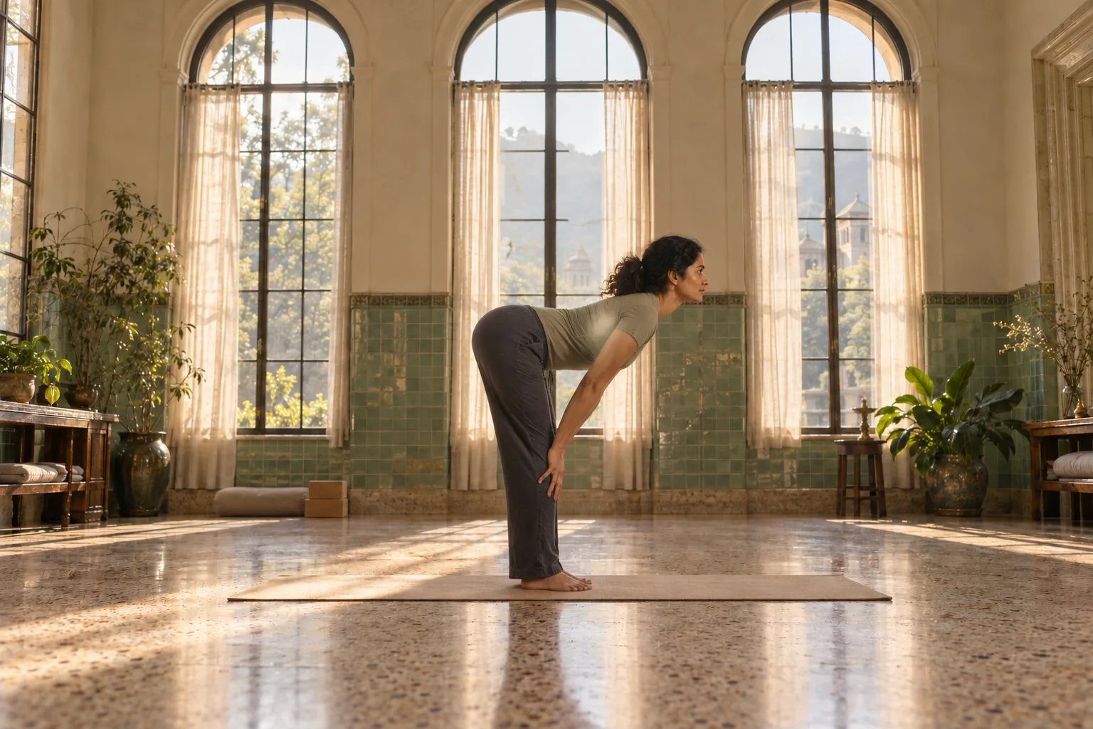 Meera demonstrating lift halfway in the same studio.