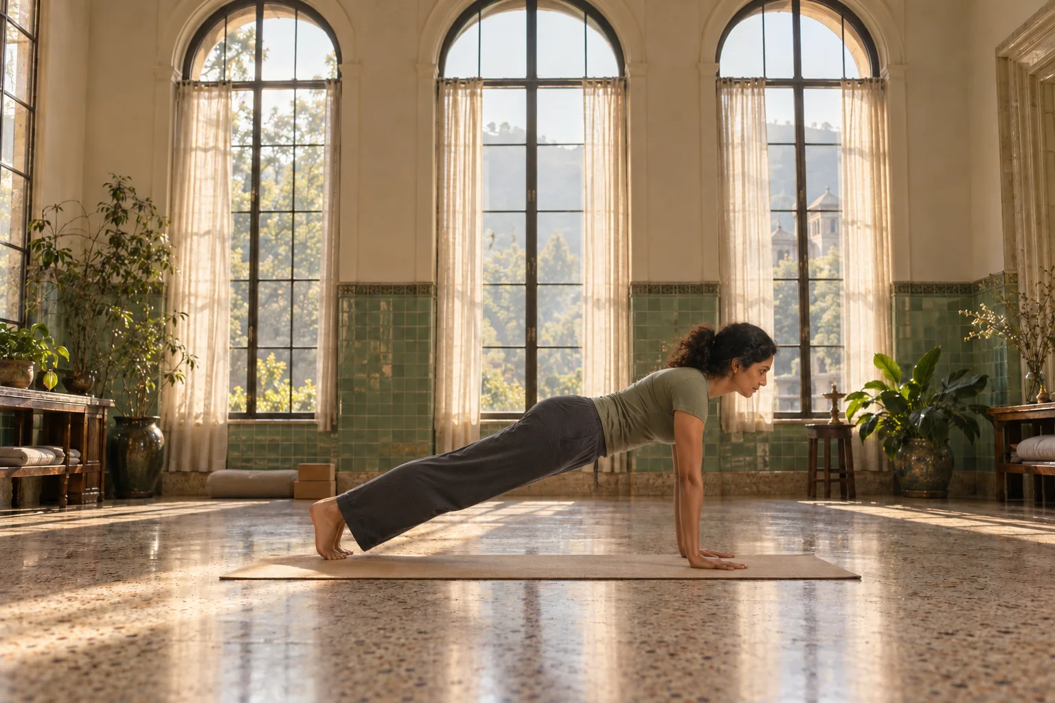Meera demonstrating step back in the same studio.