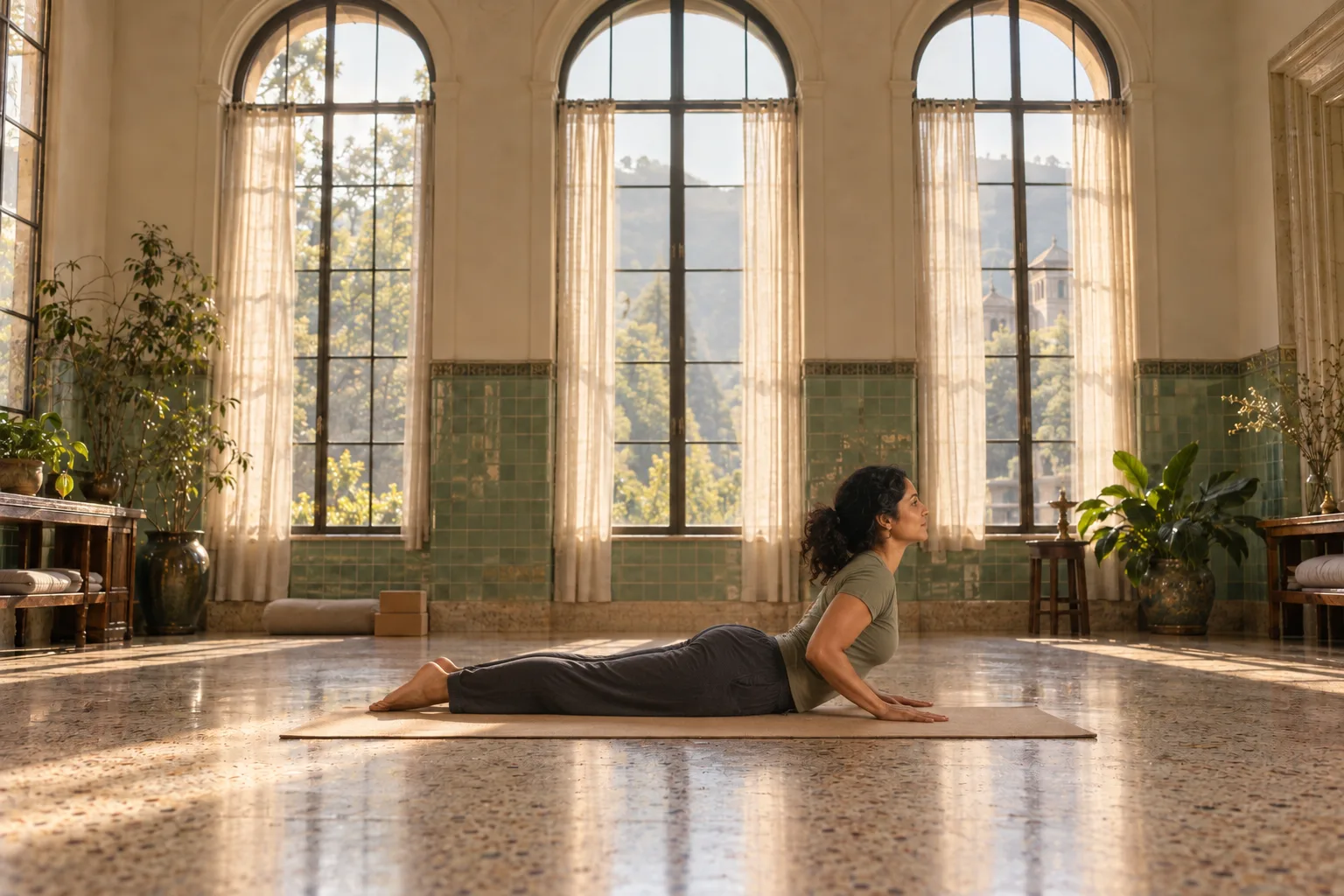Meera demonstrating open your chest in the same studio.