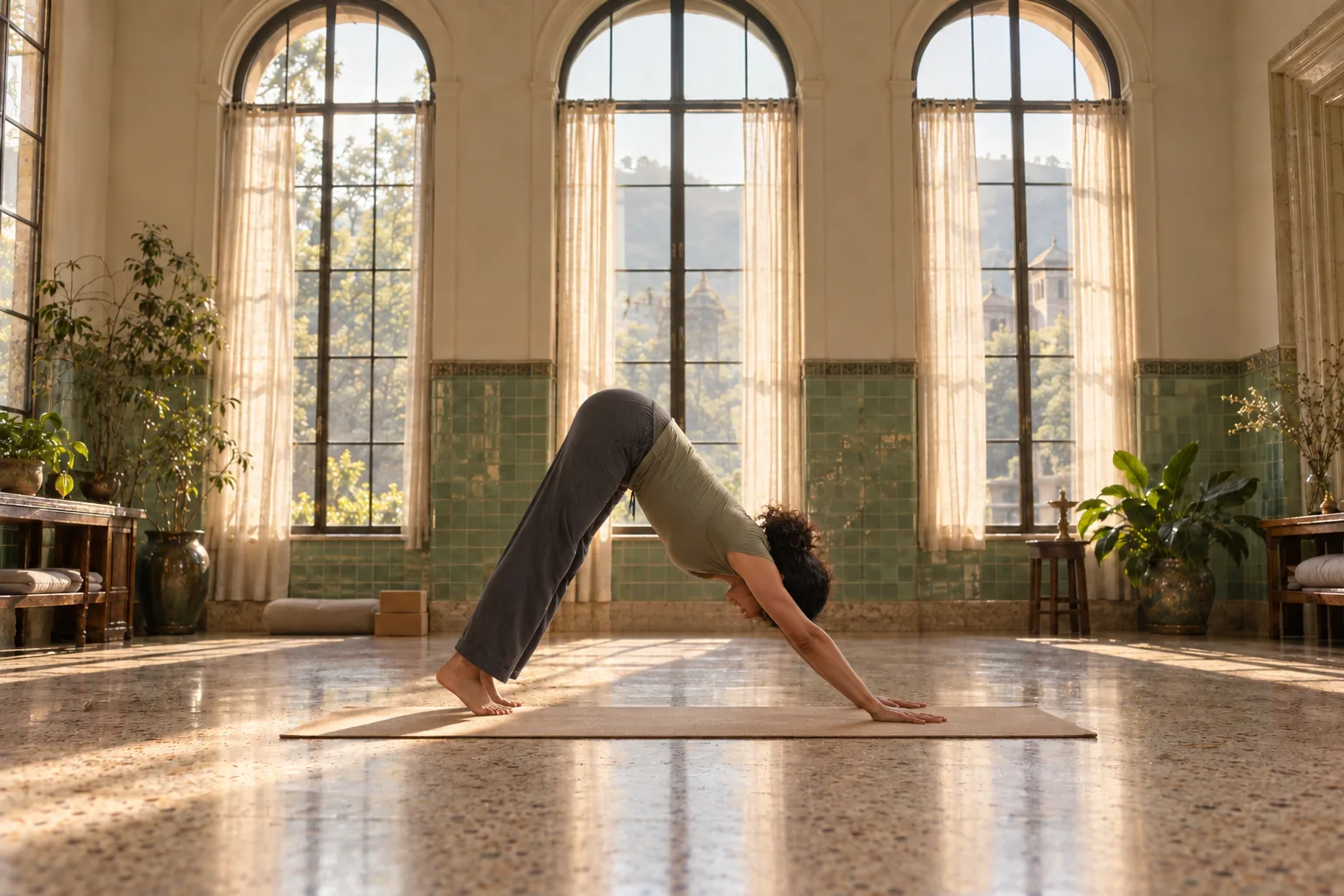 Meera demonstrating lift your hips in the same studio.