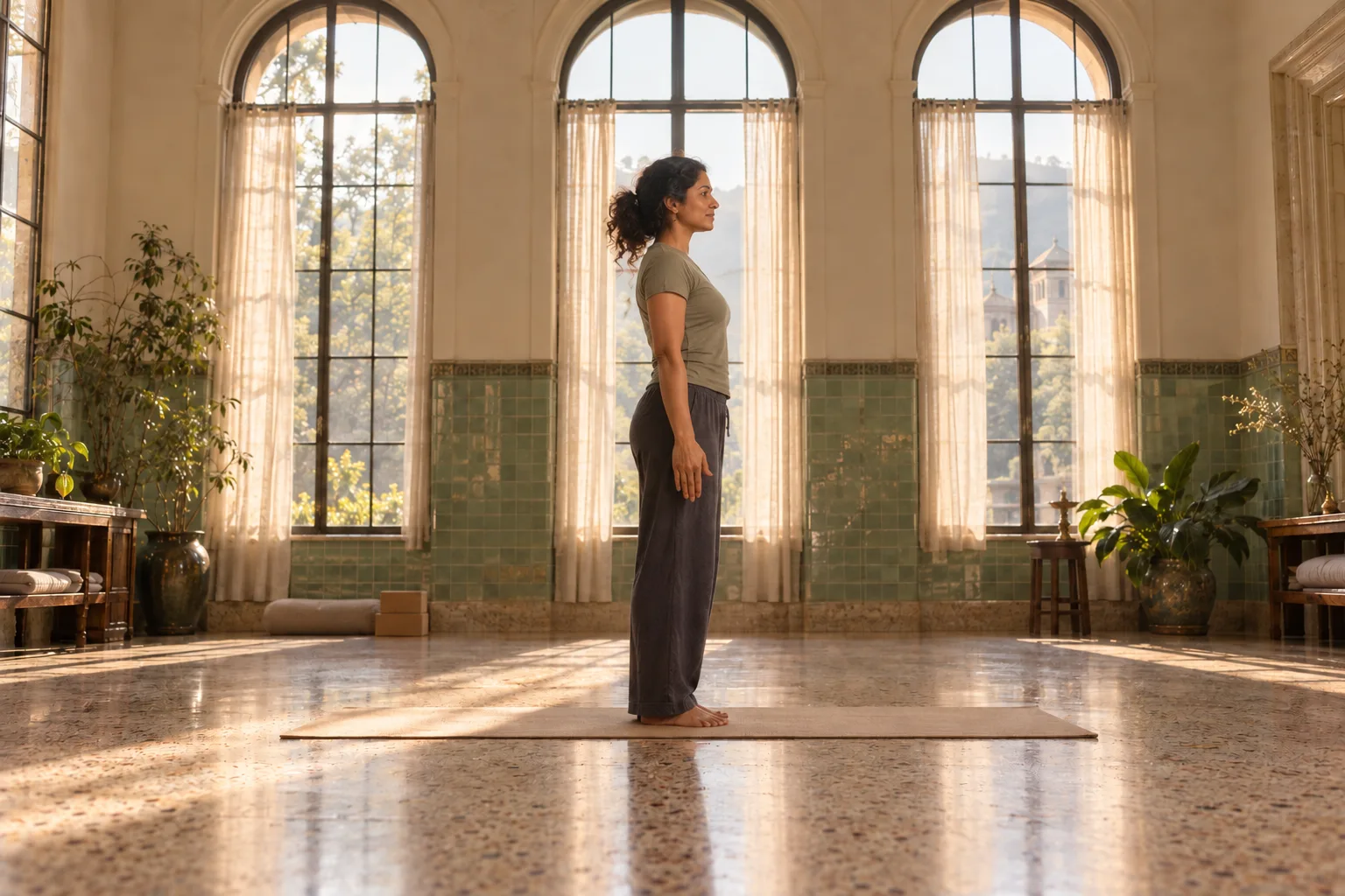 Meera demonstrating come to stillness in the same studio.